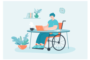 Wall Mural - Male invalid in wheelchair working from home. Disabled man using computer for remote work, cozy workplace flat vector illustration. Accessibility, freelance concept for website design or landing page
