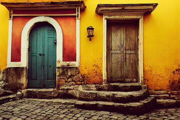 Wall Mural - Beautiful old medieval downtown cobblestone alley streets, stone steps, colorful doors and windows, greek mountain village, historic architectural background