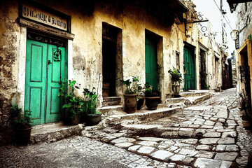 Wall Mural - Beautiful old medieval downtown cobblestone alley streets, stone steps, colorful doors and windows, greek mountain village, historic architectural background