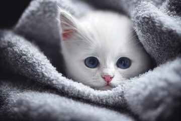 Poster - Adorable cute white fluffy baby kitten peeking from colorful blankets, digital illustration