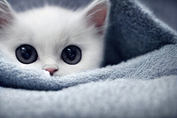 Poster - Adorable cute white fluffy baby kitten peeking from colorful blankets, digital illustration