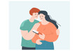 Upset married couple with fertility problem. Sad male and female characters, woman holding pregnancy test with one line flat vector illustration. Infertility, family concept for banner, website design