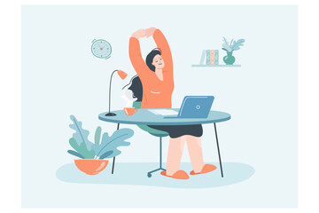 Fototapete - happy female office person stretching while working on laptop. employee cartoon character taking bre