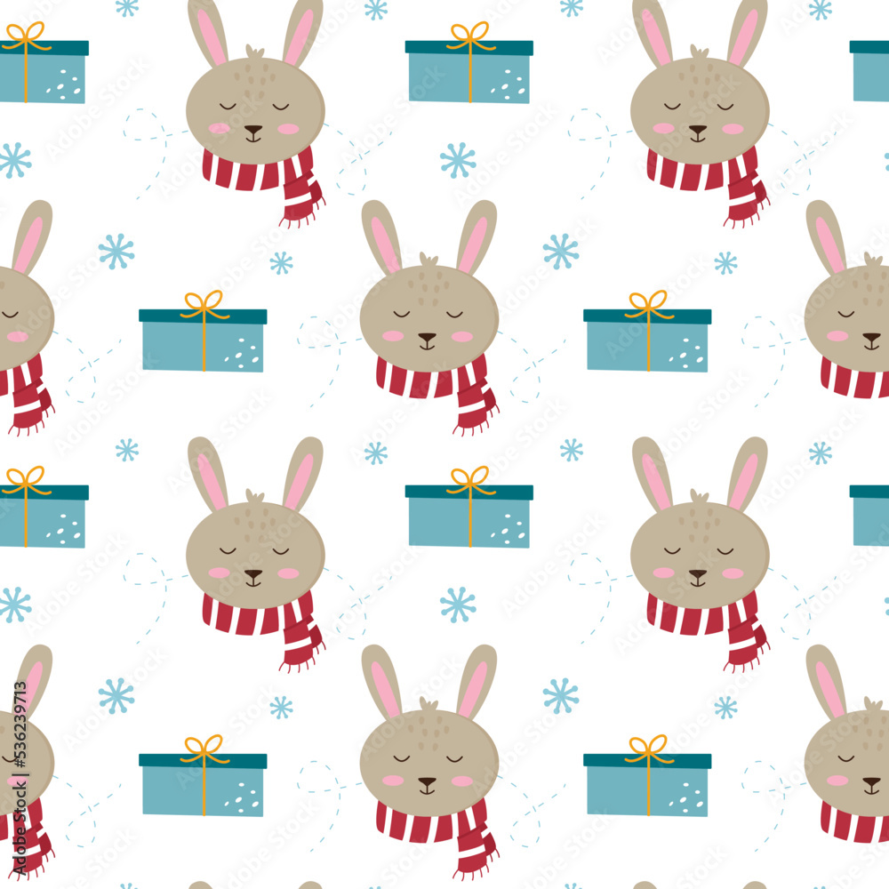 Little rabbit in a red scarf and with a gift box. Seamless pattern. Can ...