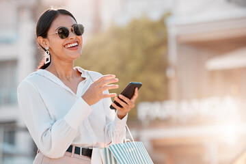 Poster - Fashion, shopping and bag with woman and phone for social media, sale and retail in New york city street. Luxury, customer and gift with girl and 5g for internet, communication or contact with mobile