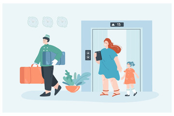Poster - hotel staff helping with baggage and leading to room. woman and girl getting help from servant flat 