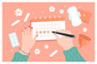 Female hands marking days of period in calendar. Pills against menses pain, tampons, pad, menstrual cup flat vector illustration. Menstruation concept for banner, website design or landing page