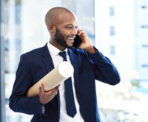 Poster - Architect, engineer or construction businessman phone call for project building planning or commercial development goal. Corporate, entrepreneur black man talking b2b strategy mission industry job