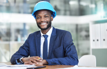 Poster - Engineer, architect or construction businessman portrait with helmet, safety gear for office building planning. Trust, expert and black man manager or contractor with company project development