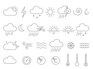 set of black and white weather icons in а line style. vector elements with different natural phenome