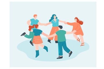 Wall Mural - Happy cartoon friends holding hands and dancing in circle. People doing round dance together flat vector illustration. Friendship, community concept for banner, website design or landing web page