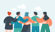 Crowd of cartoon team members hugging from behind. Back view of workplace community flat vector illustration. Communication, diversity, teamwork concept for banner, website design or landing web page