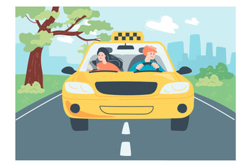 Poster - Taxi driver and female passenger driving in car on road. Cartoon characters behind windscreen, man and woman in vehicle cabin flat vector illustration. Taxi service or app concept for banner
