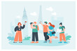 Group of tourists sightseeing and female tour guide holding flag. Happy cartoon people visiting cities on trip, person looking at map flat vector illustration. Traveling, vacation, tourism concept