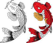 Hand Drawn Line Art Of Fish (Koi Carp). Vector Isolated. Idea For Tattoo And Coloring Books.