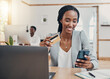 © Courtney Haas/peopleimages.com - Credit card, smartphone and business black woman with fintech for online easy payment, loan application or digital banking. Ecommerce, online shopping website and corporate worker check credit score