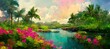 Dreamy tropical island paradise with colorful exotic flowers, palm trees and jungle vegetation. Turquoise blue lagoon and summer rain clouds in background. 