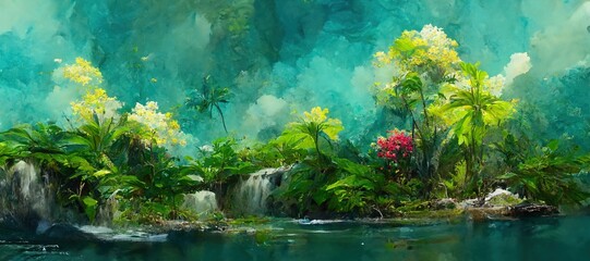 dreamy tropical island paradise with colorful exotic flowers, palm trees and jungle vegetation. turq