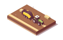 Isometric Tractor Composition. Isolated Low Poly Green Tractor With Yellow Large Square Baler Baling Straw. Vector Illustrator