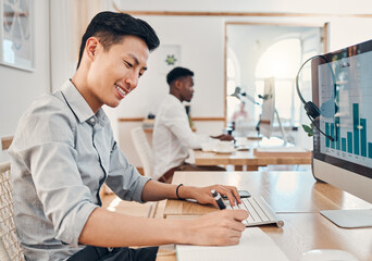 Poster - Call center, telemarketing and crm consultant writing sales report on infographics, Seo data and statistics on computer. Asian man with notebook for finance analytics, profit and performance notes