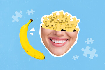 Poster - Creative trend collage of smiling toothy beaming woman face pile puzzle pieces inside fresh banana fruit surrealism template metaphor