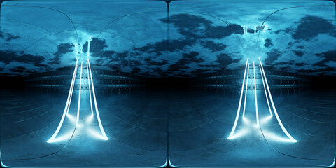 Aufkleber - Cyber neon laser interior Hdri. 360 panoramic view of a garage room hangar with sci fi glowing blue tubes. Vr projection of dark tunnel warehouse with wet cement floor.3D rendering