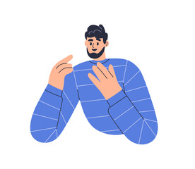 Poster - Happy person telling, gesturing with hands. Surprised man with excited face expression, emotion. Male character wondering, speaking, talking. Flat vector illustration isolated on white background