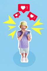 Poster - Vertical collage image of impressed funky guy hand touch cheek hold telephone receive like notifications isolated on creative background