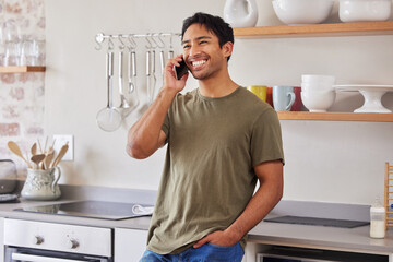 Fototapete - Asian man, communication and phone call in kitchen while laughing, happy and talking to contact with 5g network at home. Male with a smile while networking and having conversation about good service