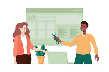 Poster - Web development green concept with people scene in the flat cartoon style. Two employees are working on a improving mobile applications. Vector illustration.