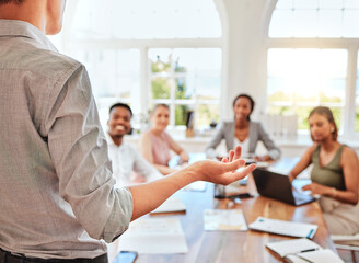 Leinwandbilder - Presentation, training and workshop with hand gesture of manager, leader or speaker coaching and teaching staff in boardroom meeting. Male coach talking to a business team, colleagues and investors