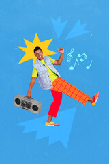 Sticker - Vertical creative photo collage of happy funny carefree positive guy hold boom box dancing having fun isolated on blue color background