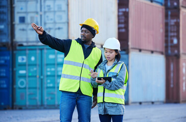 Poster - Logistics, tablet and employees working in shipping and doing inspection on a container at a port. Team of industrial workers talking and planning cargo freight on mobile app with technology at work