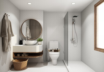 hotel bathroom toilet with white and tiled walls, concrete floor, Shower near the window and sink on wooden countertop with round mirror. with wooden decoration 3d rendering