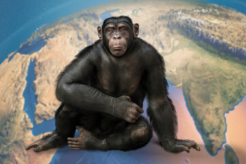 Wall Mural - Monkey on a background with Earth map, conceptual 3D illustration