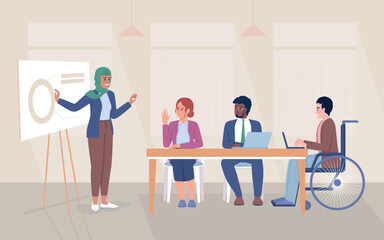 Wall Mural - Office meeting flat color vector illustration. Presentation speaker. Discussing organization strategy with workmates. Fully editable 2D simple cartoon characters with presentation board on background