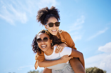 summer, friends and freedom with women and piggy back against the blue sky for hug, lifestyle and ha