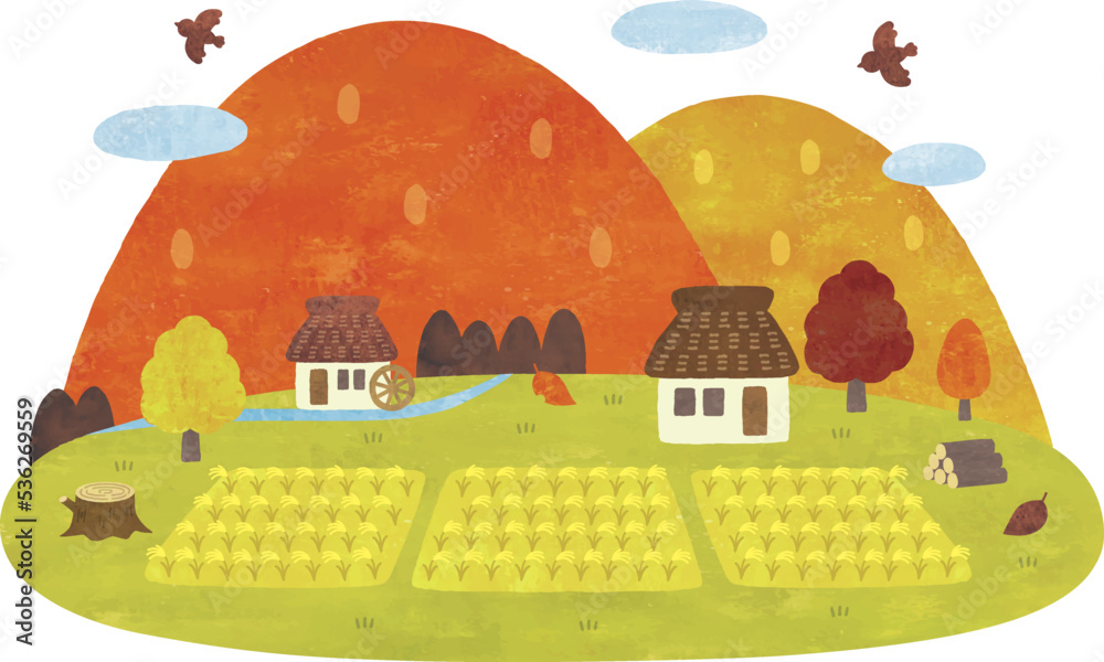 日本の昔の田舎の秋の風景水彩 Stock Vector | Adobe Stock