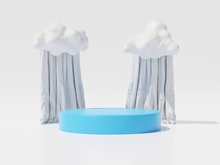 Poster - 3d render of blue geometry showcase podium and floating cloud with white curtain for product presentation.