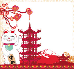 Wall Mural - Mid-Autumn Festival for Chinese New Year- card with Maneki Neko Cat wishing Good Luck