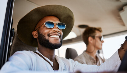 Canvas Print - Happy, smile and black man driving a car while on a summer road trip vacation with friends. Happiness, freedom and young people having fun while traveling in a vehicle to holiday destination together