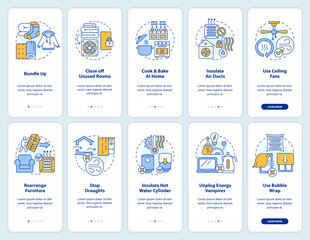 Wall Mural - Saving heat energy onboarding mobile app screen set. Low power using walkthrough 5 steps editable graphic instructions with linear concepts. UI, UX, GUI template. Myriad Pro-Bold, Regular fonts used