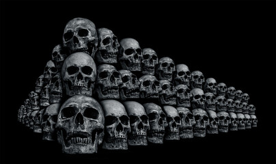 Wall Mural - Awesome pile of skull human and bone on black cloth background, concept of scary crime scene of horror or thriller movies,Halloween theme, Still Life style, selective focus,