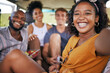 © S Fanti/peopleimages.com - Road trip, travel and friends selfie in van for countryside adventure, holiday or vacation with happy portrait. Young diversity group people or couple relax in car for nature journey photo memory