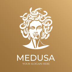 Wall Mural - Medusa gorgon logo. Head of a woman with snakes. Protective amulet. Logo for different directions. Vector image.