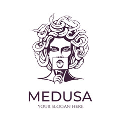 Wall Mural - Medusa gorgon logo. Head of a woman with snakes. Protective amulet. Logo for different directions. Vector image.