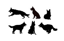 German Shepherd Dog Silhouettes Set, Dogs Silhouettes - Vector Illustration
