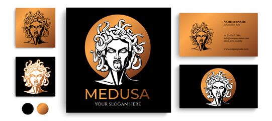 Wall Mural - Medusa gorgon logo. Head of a woman with snakes. Protective amulet. Logo for different directions. Vector image.