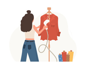 Wall Mural - Female seamstress steams sewn clothes. Young female tailor create clothes in studio. Fashion designer or dressmaker. Vector illustration in flat cartoon style. Hobby concept.