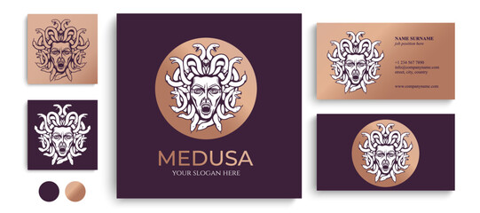 Wall Mural - Medusa gorgon logo. Head of a woman with snakes. Protective amulet. Logo for different directions. Vector image.